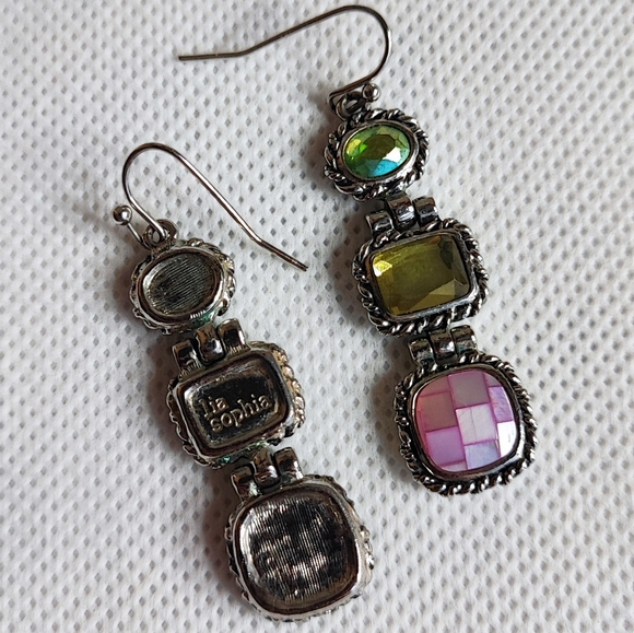 Lia Sophia Signed Oval Green Iridescent Glass Stones Faux Abalone Earrings EUC - Picture 9 of 9